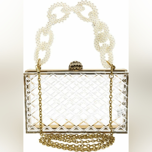 Kurt Geiger Clutch Bag Gold Clear Quilted Acrylic Pearl Handle - Picture 2 of 9